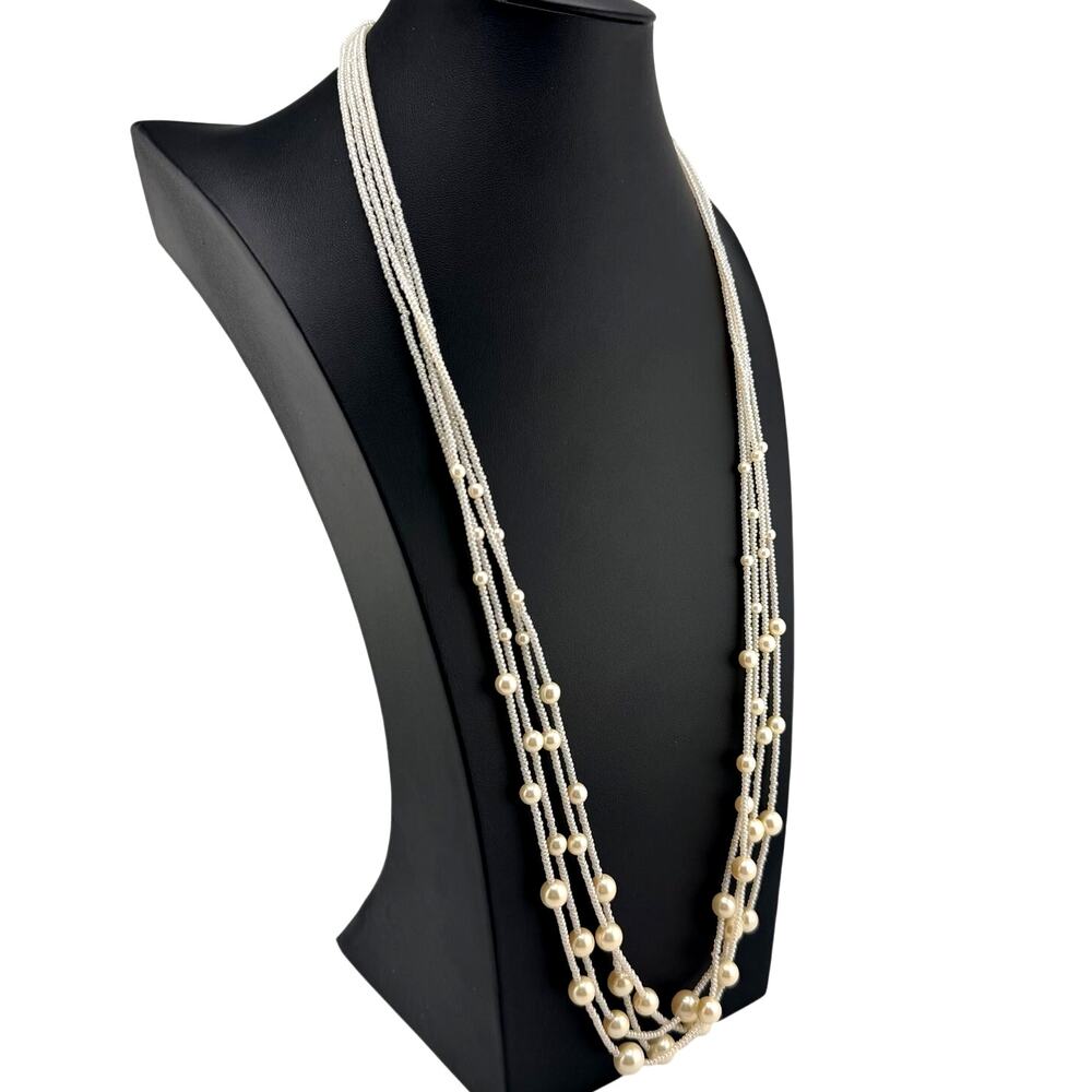 Vintage Trifari 1970s Faux Pearl White Beads Multistrand Cascade 31" Necklace
